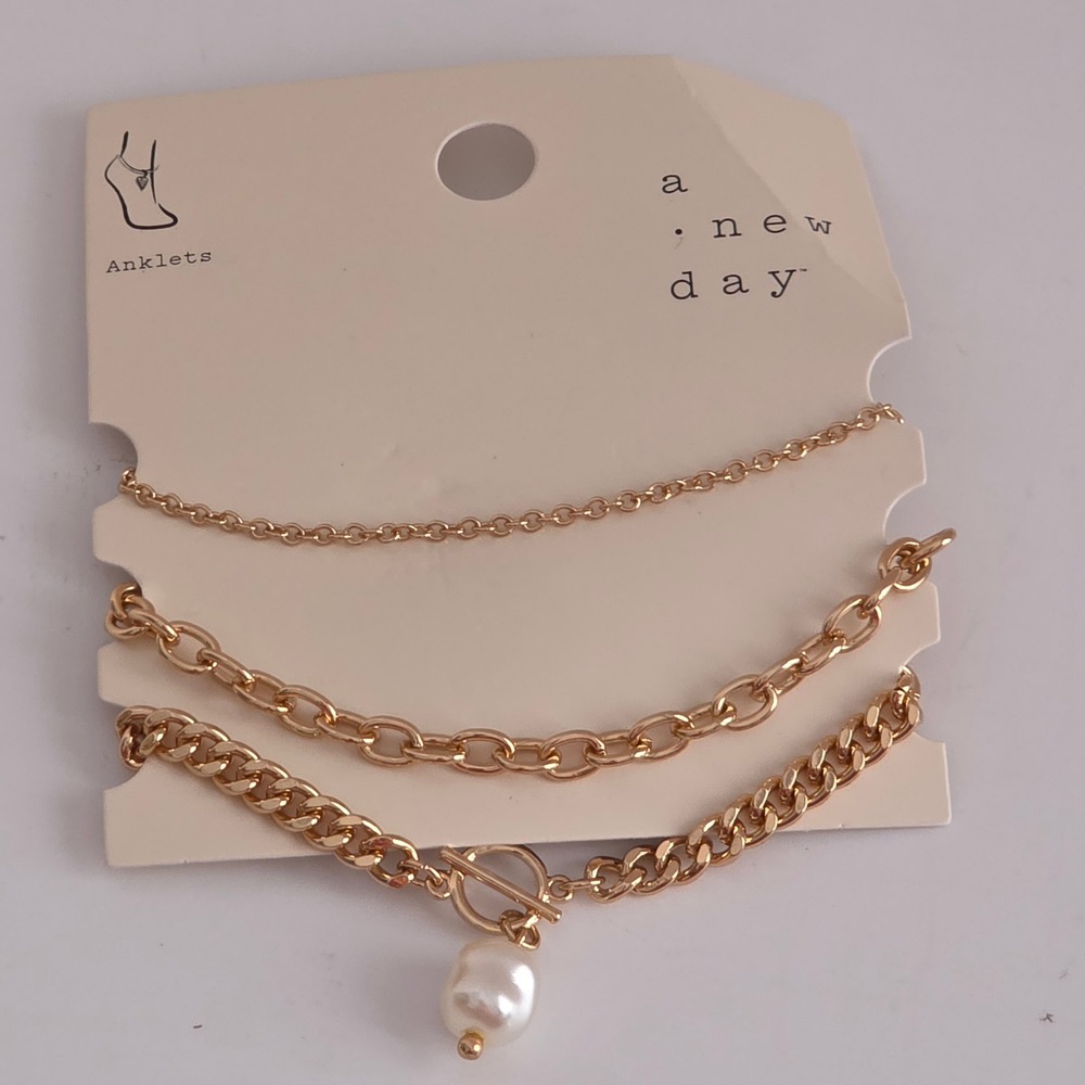 A New Day Women Gold Tone 3pc Layered Anklet Set Pearl Toggle AN1272PRGL